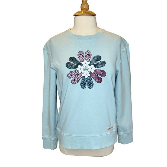 Life is Good Crewneck Graphic Sweatshirt Sz M Blue Daisy Flip-Flop Fleece Cotton - Picture 1 of 10
